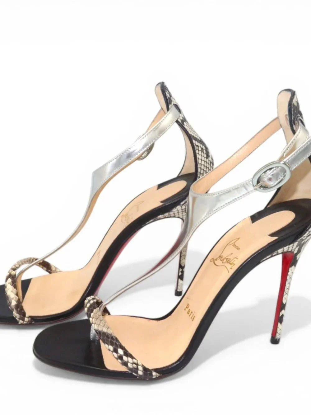 Christian Louboutin Athina Python T Strap Sandals Black Silver Size 37.5 - Picture 6 of 16
